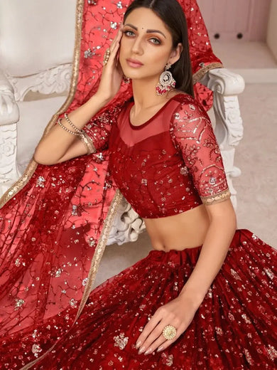 Fabulous Red Sequins Embroidered Net Lehenga Choli